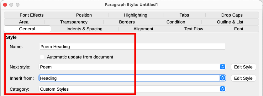 Settings for the Poem Heading style