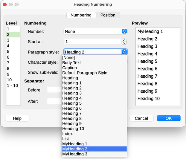 Choosing paragraph styles for heading levels