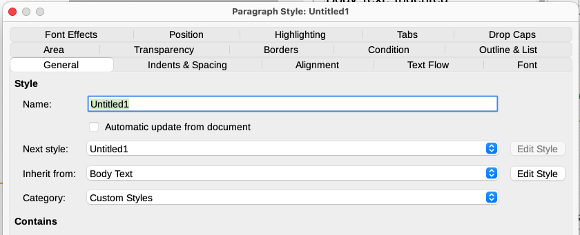 The General tab displayed when a new Paragraph style is created