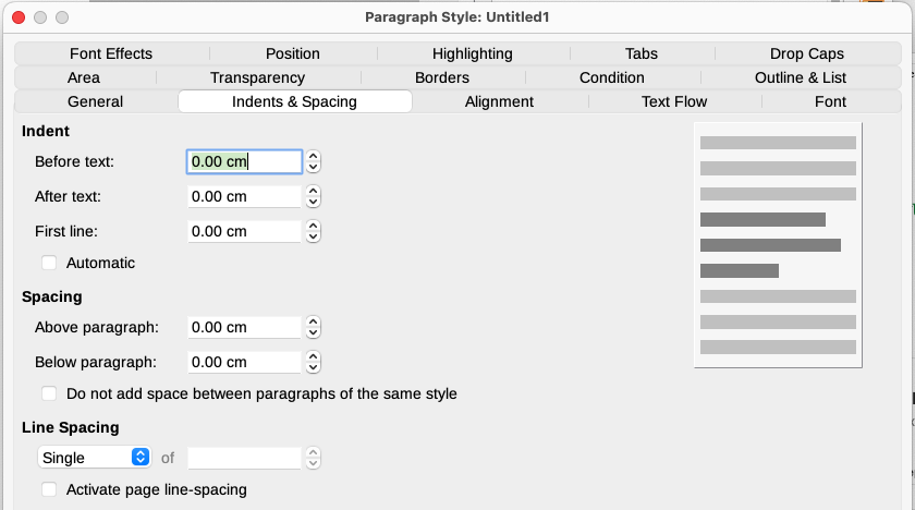 Settings on the Indents and Spacing tab of the Paragraph Style dialog