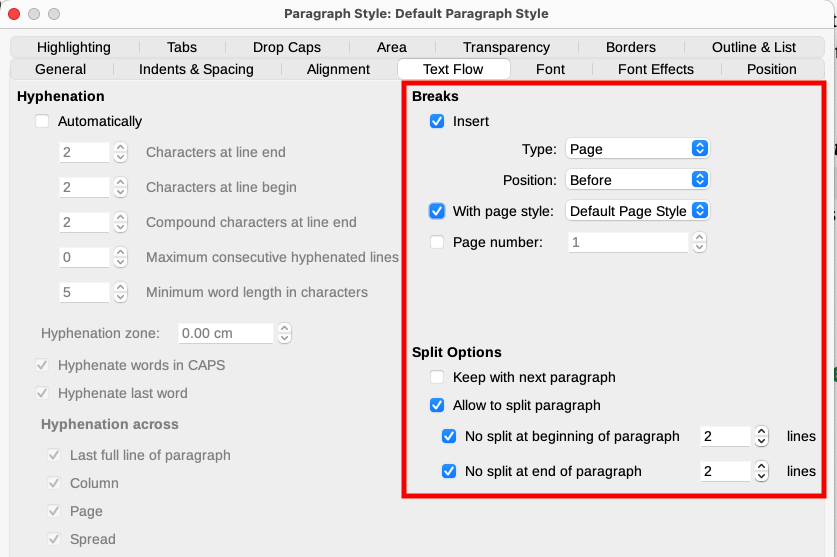 Text Flow tab of Paragraph Style dialog