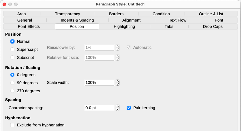 Position tab of the Paragraph Style dialog