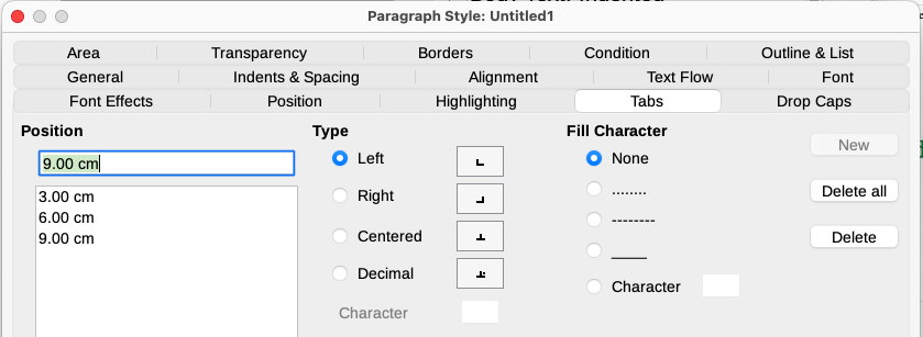 Specifying tab stops for a paragraph style