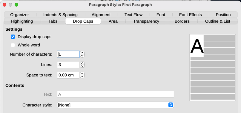 Options for adding a drop cap to a paragraph style