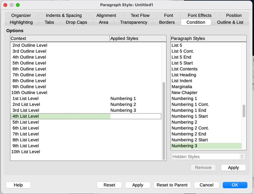 Condition tab for paragraph styles