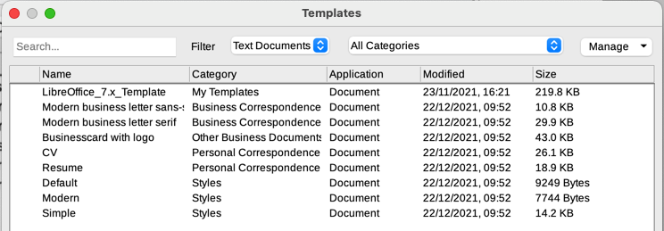 List view of Templates dialog