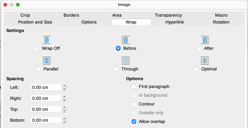 Options on the Wrap tab of the Image dialog