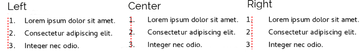 The dotted line is the margin in this example. If the value of the Numbering Alignment is 0, then choosing Center or Right can force the numbers into the left margin.