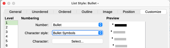 Changing the character style or the bullet symbol for a list style