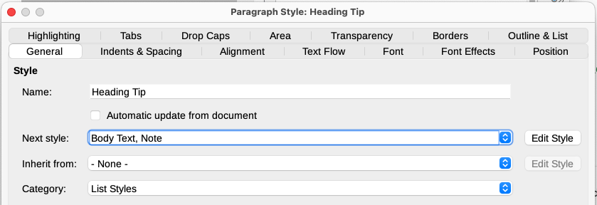 Specifying the Next style for the Heading Tip style