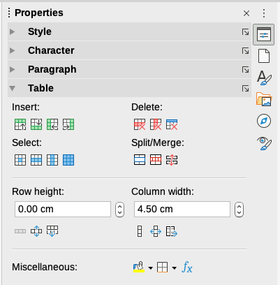 Table properties in the Sidebar