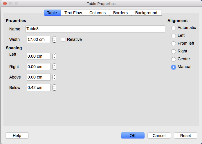 Table Properties dialog, Table tab