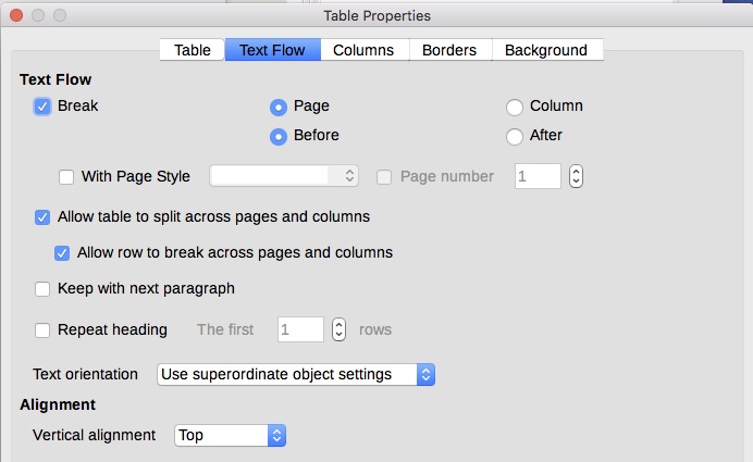 Table Properties dialog, Text Flow tab