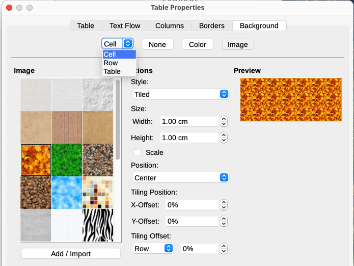 Table Properties dialog: inserting an image as a background