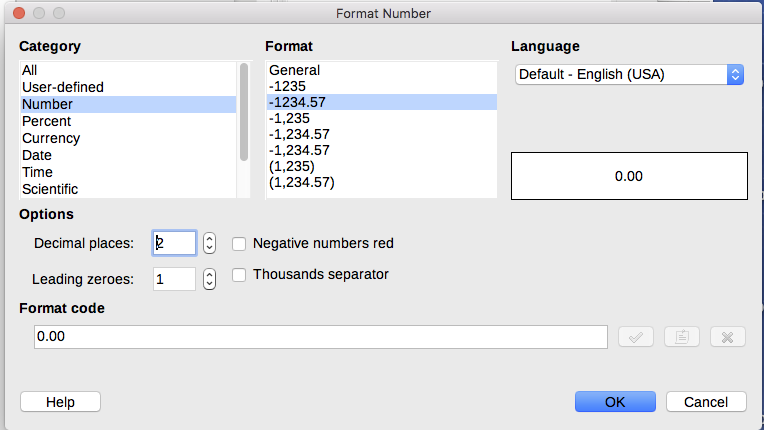 Format Number dialog