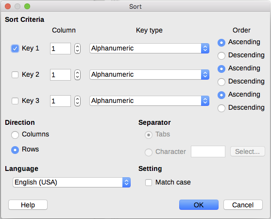 Selecting criteria for sorting