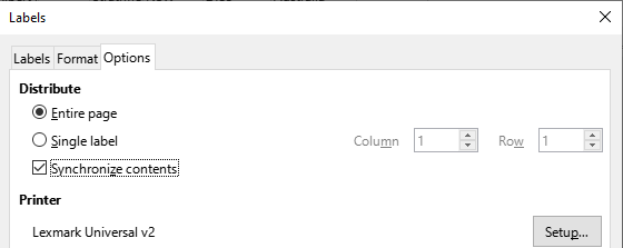 Options tab of the Labels dialog