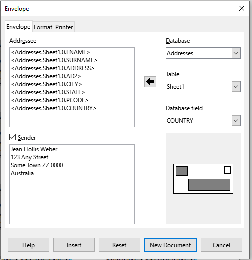 Choosing addressee and sender information for envelopes