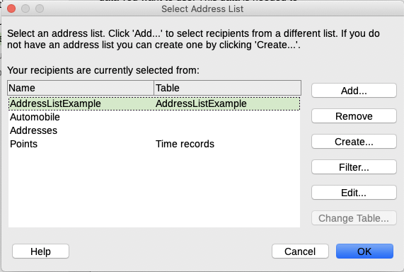 Select Address List dialog