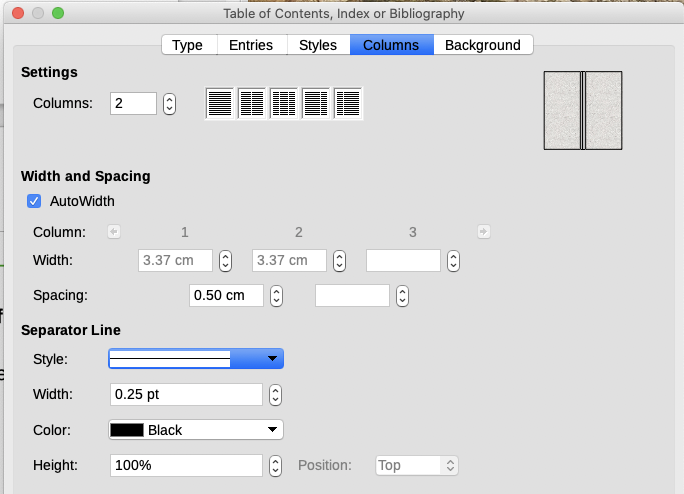 Columns tab of the Table of Contents, Index or Bibliography dialog