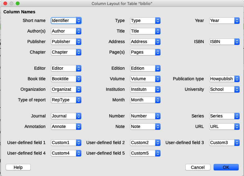 Changing column layout for bibliographic database