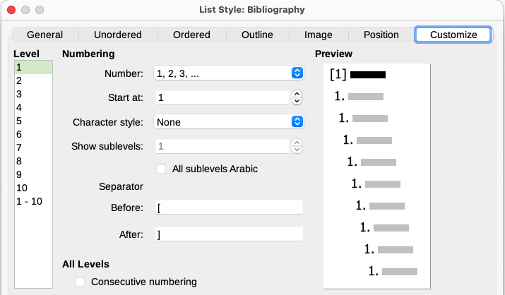 Specifying square brackets before and after the number in a list