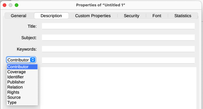 Description tab of the document’s Properties dialog