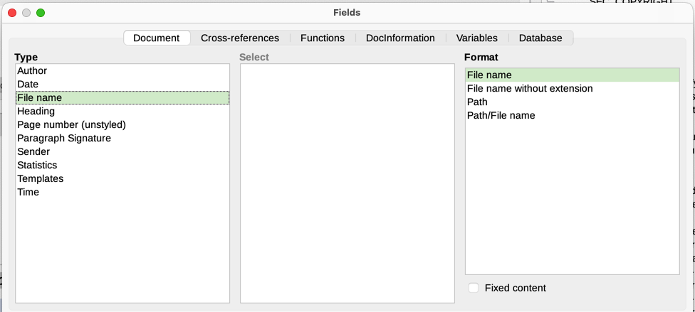 Inserting a File name field using the Document tab of the Fields dialog