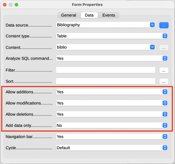 Data Properties of a form