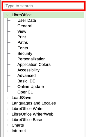 Left side of Options dialog