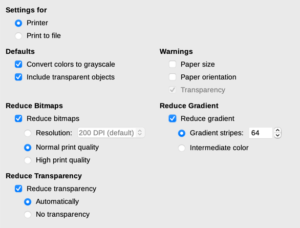 Choosing general printing options for all components