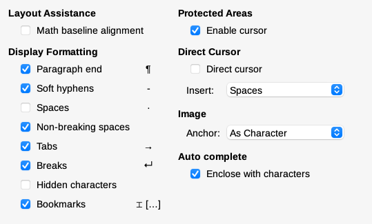 Formatting Aids options