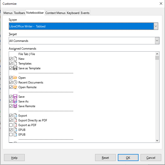 The Notebookbar tab of the Customize dialog