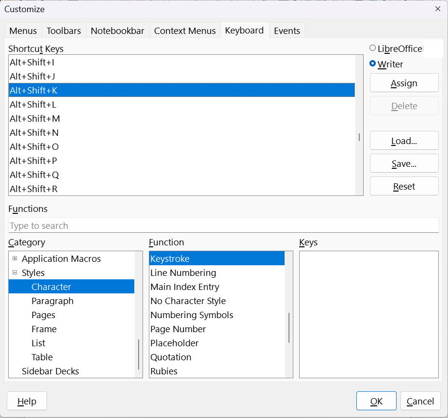 Defining keyboard shortcuts for applying styles