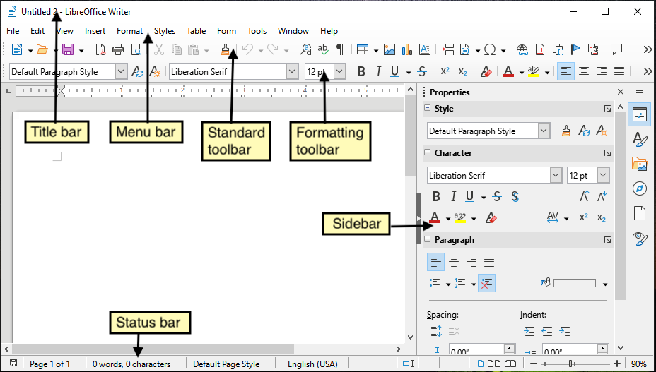 Parts of the main Writer window in Windows