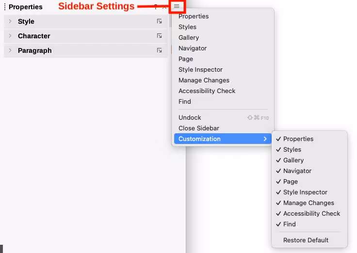 Sidebar Settings menu