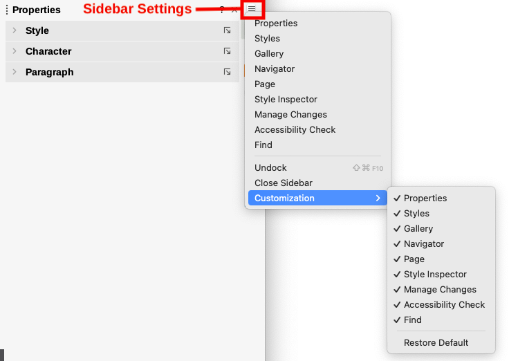 Sidebar Settings menu