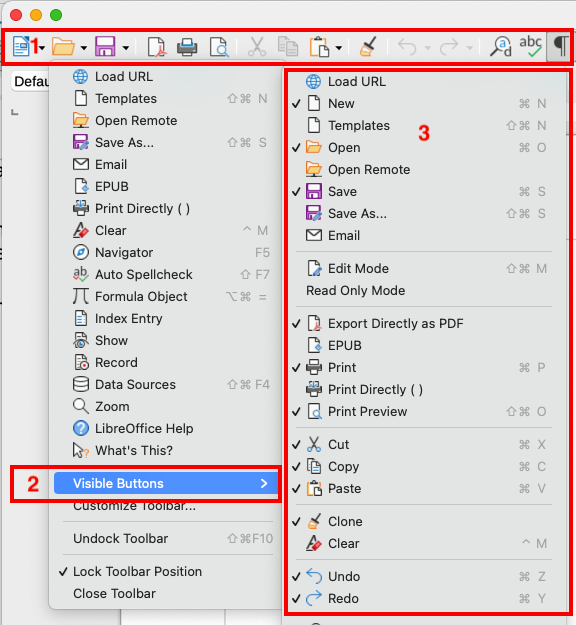 Toolbar context menu and selection of visible toolbar icons:
1) Right-click anywhere on the toolbar; 2) Point to Visible Buttons; 
3) Visible icons are marked.