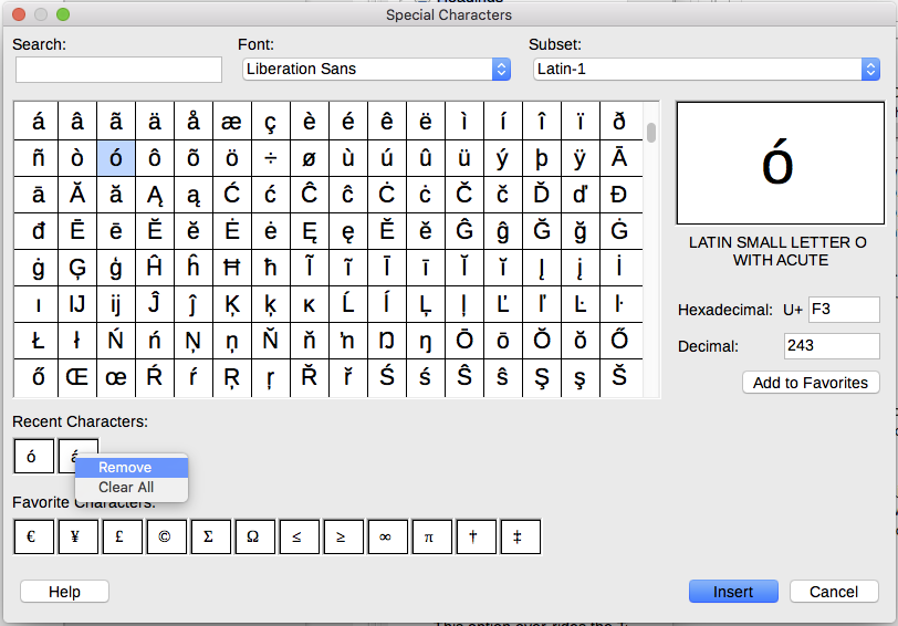 Special Characters dialog