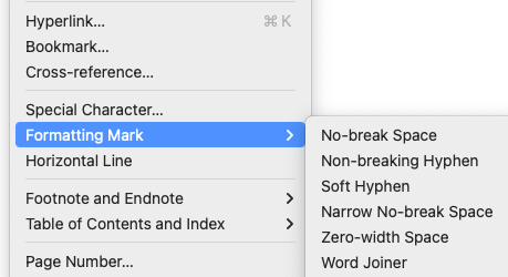 Insert > Formatting Mark submenu