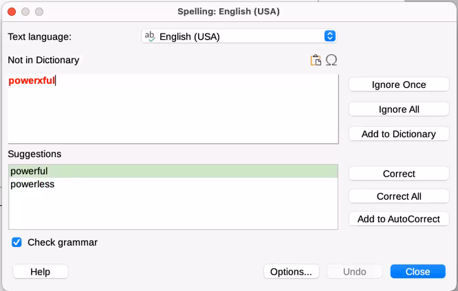 Spelling alert using the Spelling dialog