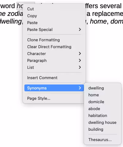 Synonyms on the context menu