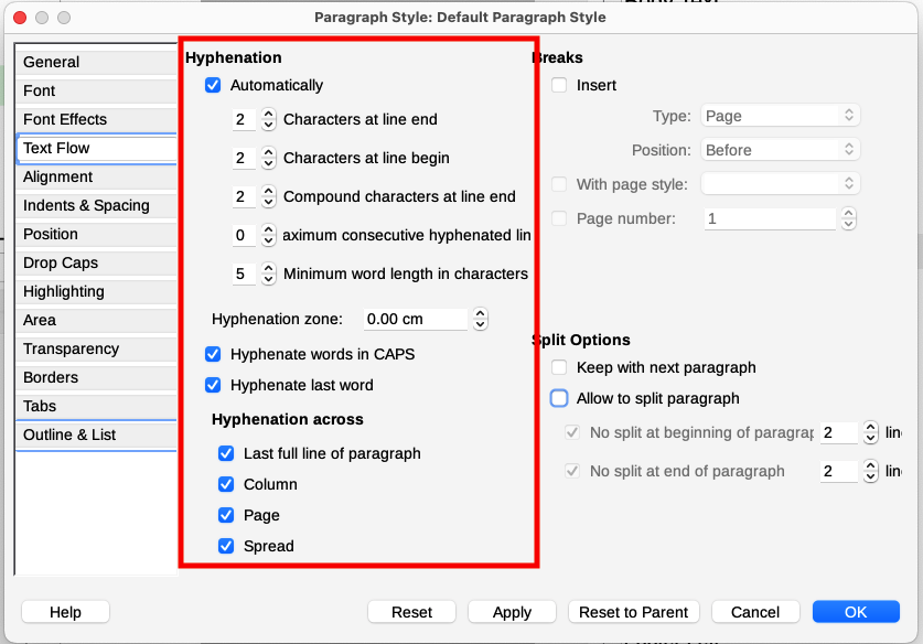 Turning on automatic hyphenation and selecting options