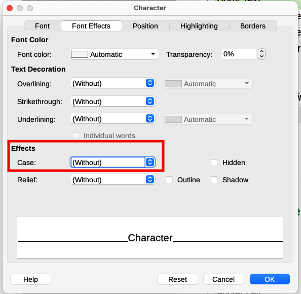 Changing the case using the Character dialog