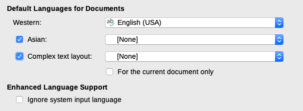 Options in the Languages settings