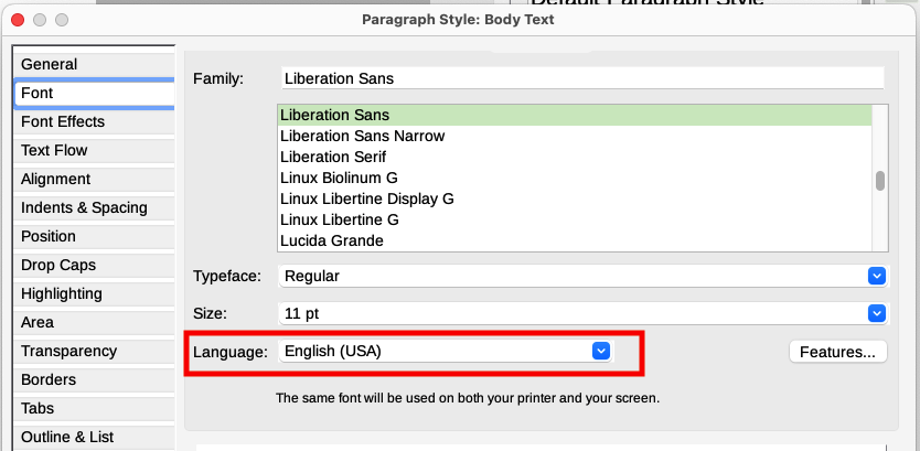 Setting the language for a paragraph style