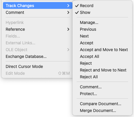 Track Changes menu