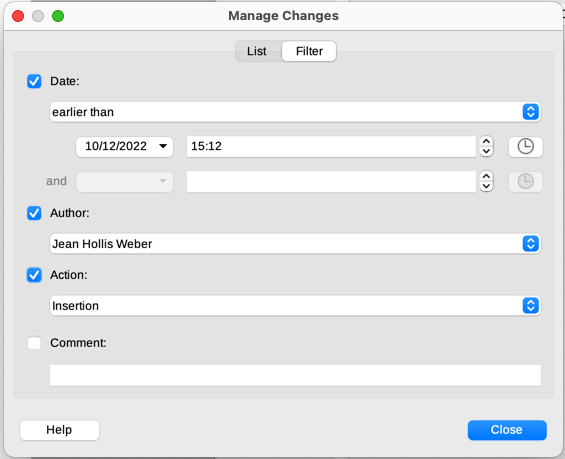 Filter page of Manage Changes deck