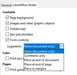 Options for printing comments