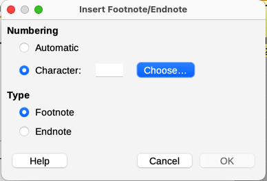 Inserting a footnote or endnote